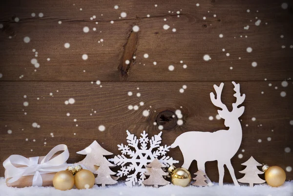 Golden Christmas Decoration, Snow,Tree, Reindeer,Gift, Snowflake — ストック写真