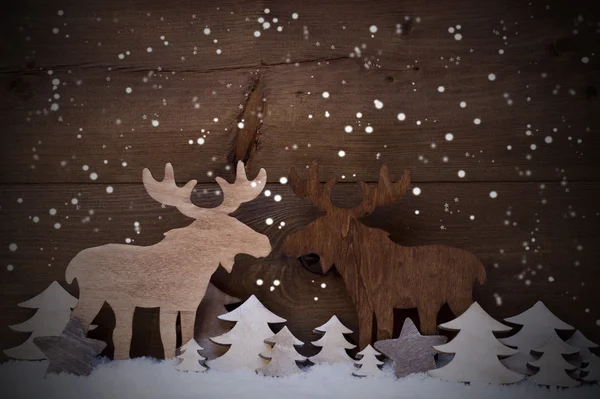 Christmas Decoration, Moose Couple In Love, Trees And Snowflakes — Zdjęcie stockowe