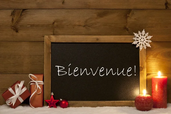 Festive Christmas Card, Blackboard, Snow, Bienvenue Mean Welcome — Zdjęcie stockowe
