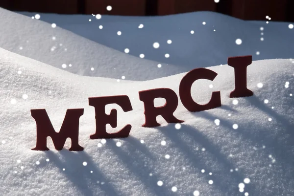 Christmas Card With Snow, Merci Mean Thank You, Snowflakes — Stock Photo, Image