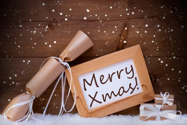 Chrsitmas Gifts With Text Merry Xmas, Snow, Snowflakes — Stock Photo, Image