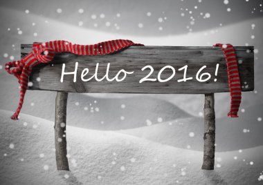 Gray Christmas Sign Hello 2016, Snow, Red Ribbon, Snowflakes clipart