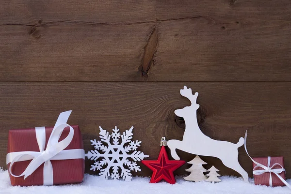 Red Christmas Decoration, Snow, Snowflake, Reindeer And Gift — Stock Fotó