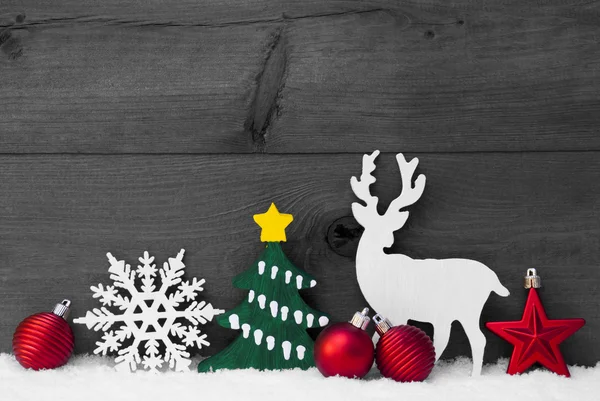 Gray Christmas Decoration, Reindeer, Snow, Green Tree, Balls — 스톡 사진