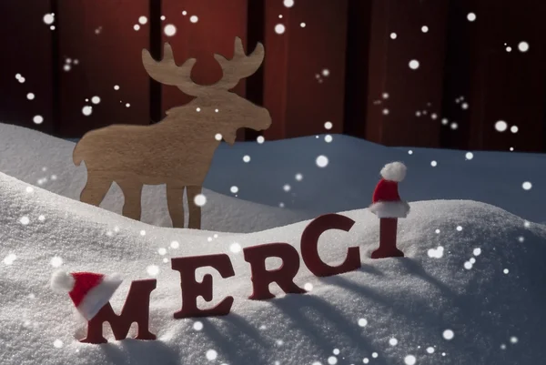 Vánoční přání Moose, Snow, Merci průměr díky, sněhové vločky, klobouk — Stock fotografie