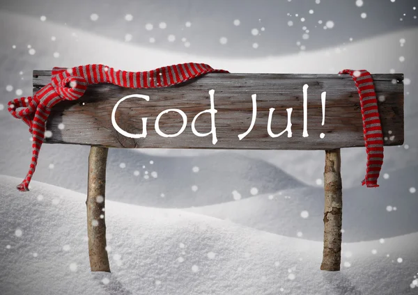 Karta znak, szwedzki God Jul oznacza Wesołych Chrsitmas, śniegu — Zdjęcie stockowe