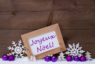 Purple Decoration, Snow, Joyeux Noel Mean Merry Christmas