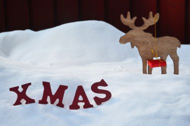 Christmas Card With Moose And Gift, Snow, Xmas