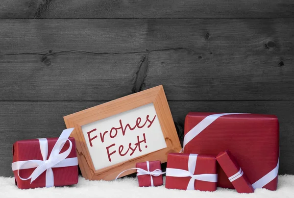 Rot, graue Dekoration, Geschenke, Schnee, Froschfest, frohe Weihnachten — Stockfoto