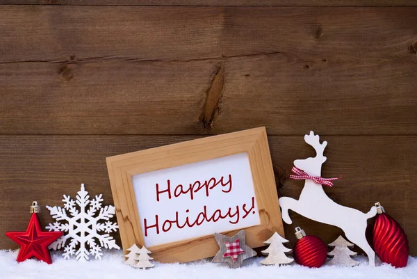 Cartão de Natal vermelho na neve, festas felizes, renas e bola — Fotografia de Stock
