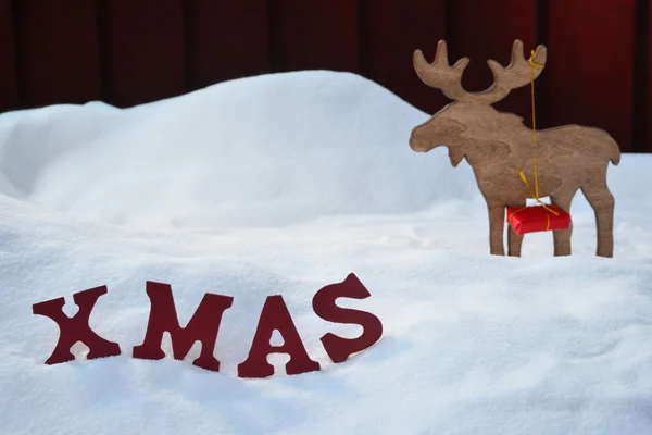 Weihnachtskarte mit Elch und Geschenk, Schnee, Weihnachten — Stockfoto