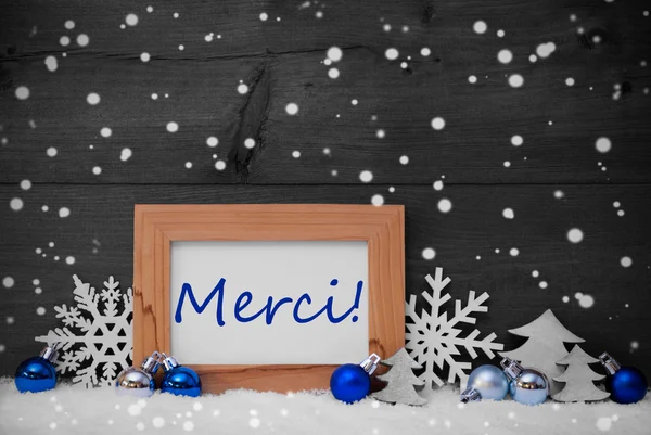 Blue Gray Christmas Decoration, Snow, Merci, Thanks, Snowflakes — Stock Fotó