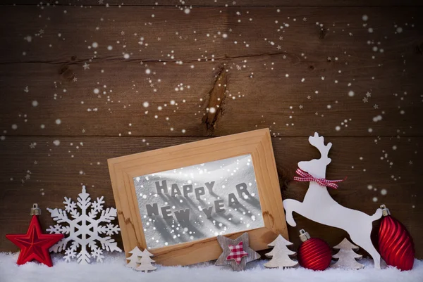 Red Christmas Card, Snowflake, Happy New Year, Reindeer And Ball — Stok fotoğraf
