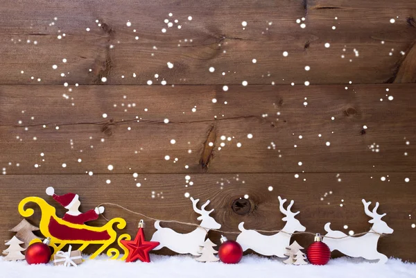 Weihnachtsmann Schlitten, Rentiere, Schneeflocken, Kopierraum, rote Kugeln — Stockfoto