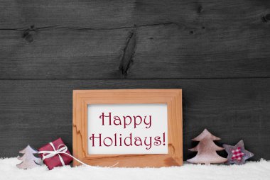 Gray Frame With Christmas Decoration, Snow, Happy Holidays