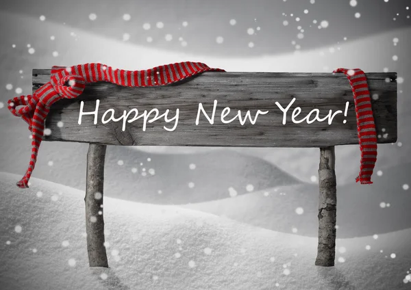 Señal de Navidad Gris Feliz Año Nuevo Nieve, Cinta Roja, Copos de nieve — Foto de Stock