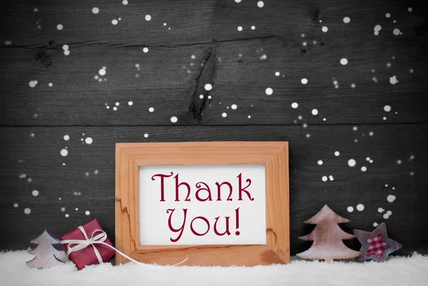 Cornice grigia con decorazione di Natale, Grazie, Fiocchi di neve — Foto Stock