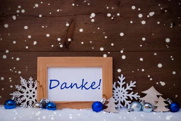 Blue Christmas Decoration, Snow, Danke Mean Thanks, Snowflakes — Stok fotoğraf