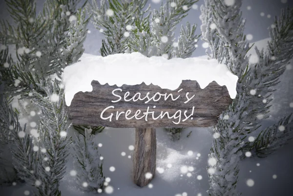 Christmas Sign Snowflakes Fir Tree Text Seasons Greetings — Zdjęcie stockowe