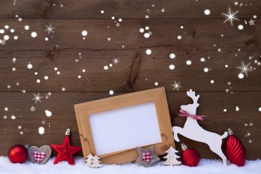 Red Christmas Card With Decoration, Copy Space, Snowflakes