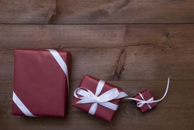 Three Red Christmas Gifts, Presents, White Ribbon, Copy Space