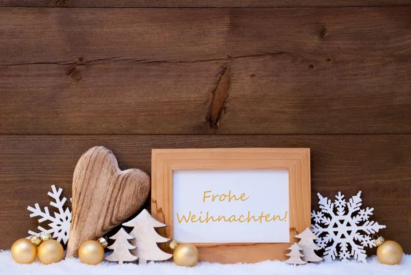 Decoración Dorada, Nieve, Frohe Weihnachten Feliz Navidad —  Fotos de Stock