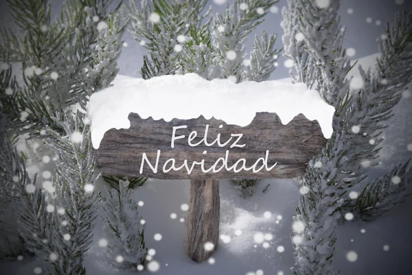Sign snöflingor Fir Tree Feliz Navidad betyder god jul — Stockfoto