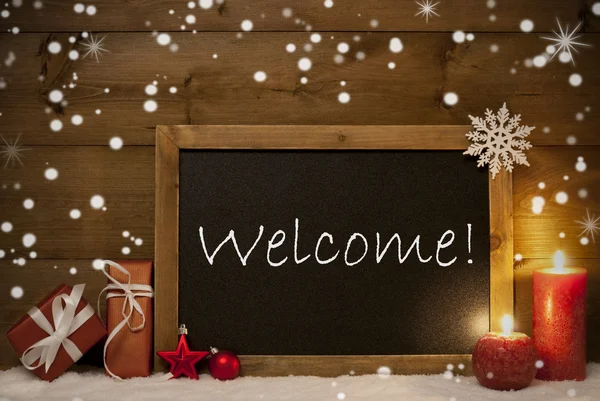 Festlig julkort, Blackboard, snöflingor, stearinljus, Välkommen — Stockfoto