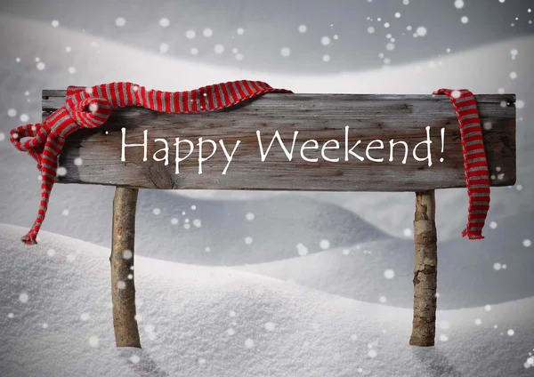 Braunes Weihnachtsschild Frohes Wochenende, Schnee, rotes Band, Schneeflocke — Stockfoto