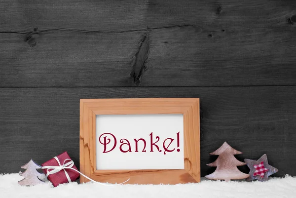 Gray Frame With Christmas Decoration, Snow, Danke Mean Thank You — Stock fotografie