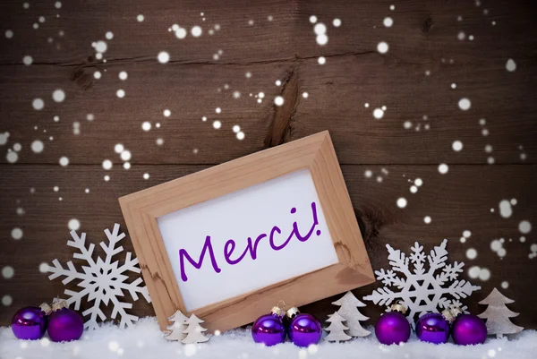 Purple Christmas Decoration, Snow, Merci Mean Thanks, Snowflakes — Stock Fotó