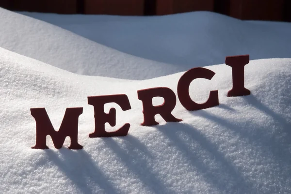 Christmas Card With Snow, Merci Mean Thank You — Stock Photo, Image