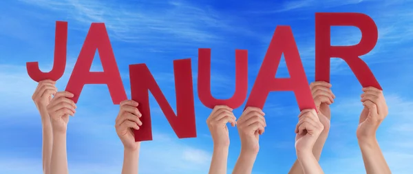 People Holding German Word Januar Means January Blue Sky — Stock Photo, Image