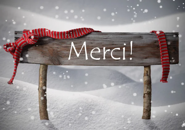 Christmas Sign Merci Means Thank You, Snowflake, Ribbon, Snow — Stock fotografie