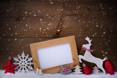 Red Christmas Card, Copy Space, Reindeer And Ball, Snowflakes