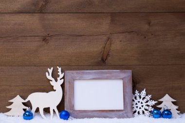 Christmas Card With Blue Decoration, Copy Space, Snow