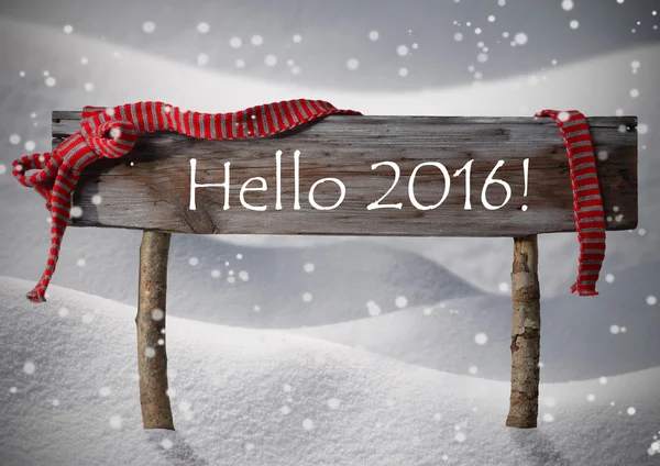 Brown Christmas Sign Hello 2016, Snow, Red Ribbon, Snowflakes