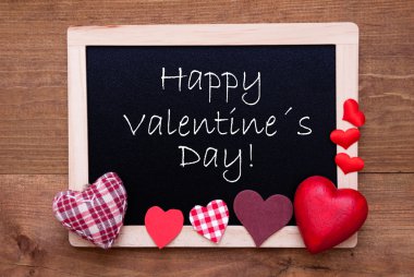 Blackboard With Textile Hearts, Text Happy Valentines Day