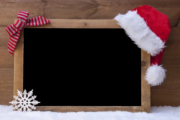 Christmas Blackboard, Santa Hat, Red Loop, Copy Space, Snow — Stock Photo, Image