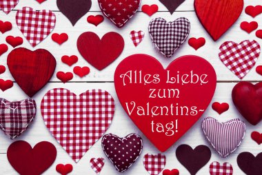 Red Hearts Texture, Text Valentinstag Means Happy Valentines Day