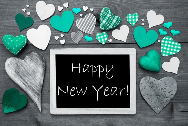 Black And White Chalkbord, Many Green Hearts, Happy New Year — Stockfoto