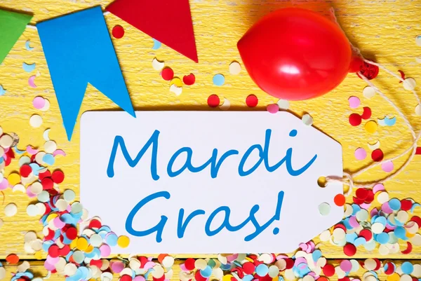 Party-Etikett mit Luftballon, Text mardi gras, Makro — Stockfoto