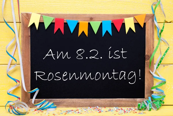 Chalkboard With Party Decoration, Text Rosenmontag Means Carnival — ストック写真