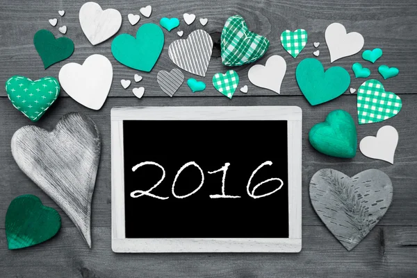 Black And White Chalkbord, Many Green Hearts, Text 2016 — Zdjęcie stockowe