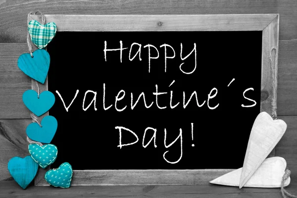 Black And White Blackbord, Turquoise Hearts, Happy Valentines Day — Stock Photo, Image