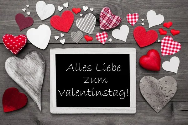 Black And White Chalkbord, Red Hearts, Valentinstag Means Valentines Day — Stock Photo, Image