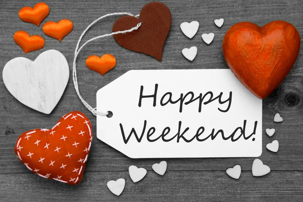 Black And White Label With Orange Hearts, Text Happy Weekend — Stockfoto