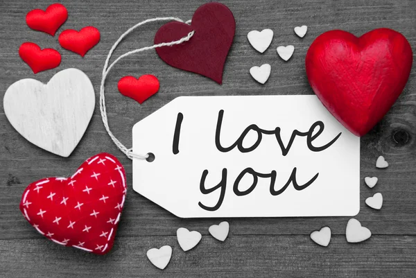 Black And White Label, Red Hearts, Text I Love You — Stock Photo, Image