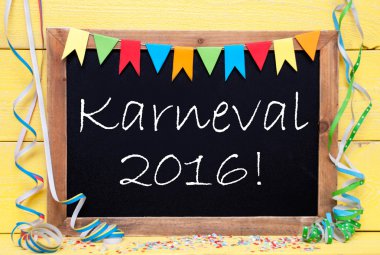 Chalkboard With Party Decoration, Text Karneval 2016 Means Carnival