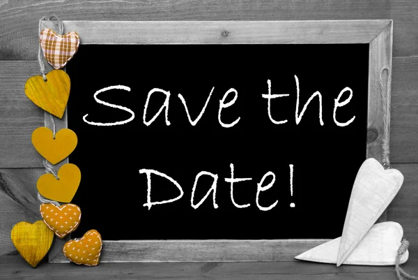 Black And White Blackbord, Yellow Hearts, Save The Date — Stockfoto